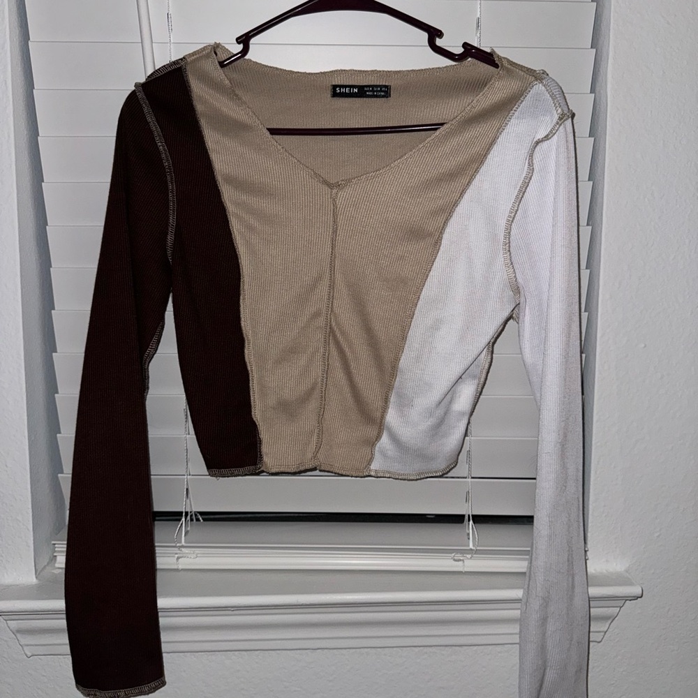SHEIN Women's Tri-Tone V-Neck Blouse - Brown, Tan, White